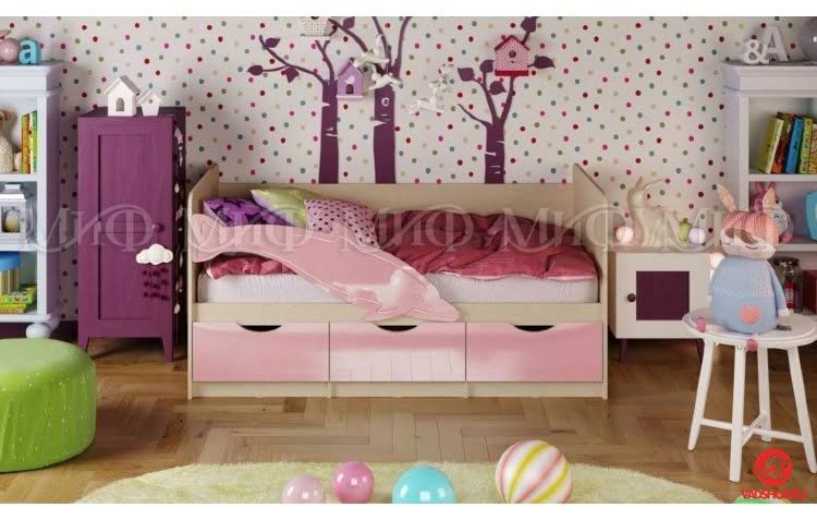 Детская кровать Дельфин-1 МДФ 80х160, розовый  металл
